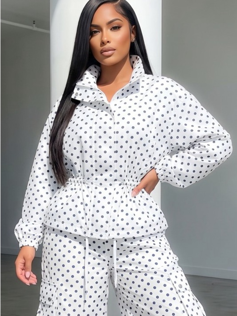 Polka Dot Drawstring Waist Jacket - White/Black J-73198